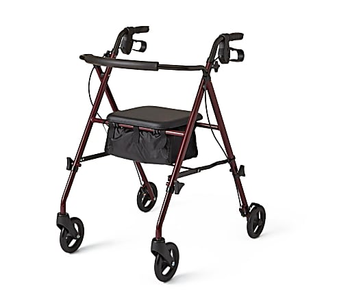 Medline Adjustable Steel Rollator With Seat, 36" x 17", Burgundy