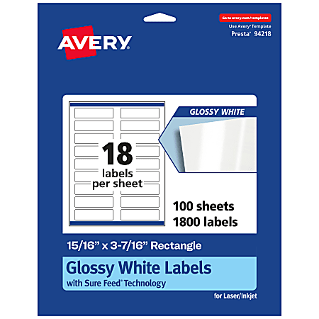 Avery® Glossy Permanent Labels With Sure Feed®, 94218-WGP100, Rectangle, 15/16" x 3-7/16", White, Pack Of 1,800