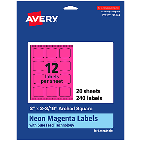 Avery® Print-To-The-Edge Labels With Sure Feed® Technology, 94124-NMP20, Arched Square, 2" x 2-3/16", Matte Neon Magenta, Pack of 240