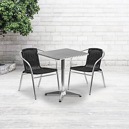 Flash Furniture Lila 3-Piece 23-1/2" Square Aluminum Indoor/Outdoor Table Set With Rattan Chairs, Black