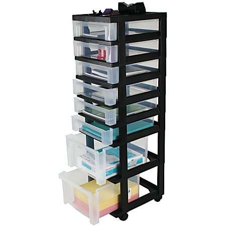Office Depot® Brand Plastic 8-Drawer Storage Tower Cart, 41 4/5" x 12 1/10" x 14 2/5", Black