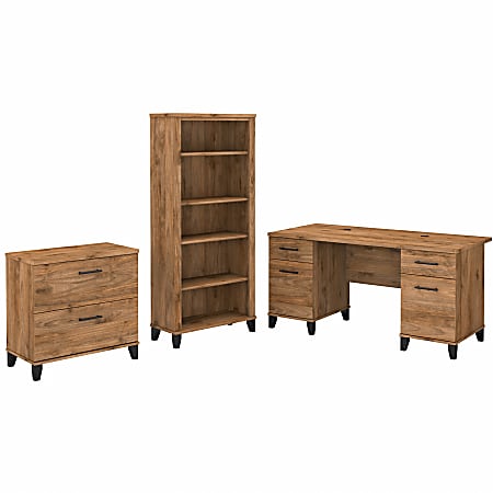 Bush Business Furniture Somerset 60"W Office Computer Desk With Lateral File Cabinet And 5-Shelf Bookcase, Fresh Walnut, Standard Delivery