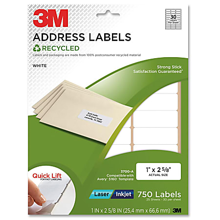 3M™ 100% Recycled White Inkjet/Laser Address Labels, 1" x 2 5/8", Pack Of 750