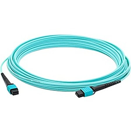 AddOn 50m MPO (Female) to MPO (Female) 12-strand Aqua OM4 Crossover Fiber OFNR (Riser-Rated) Patch Cable - 100% compatible and guaranteed to work in OM4 and OM3 applications
