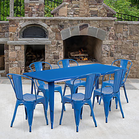 Flash Furniture Commercial-Grade Rectangular Metal Table Set With 6 Stack Chairs, 29-1/2"H x 31-1/2"W x 63"D, Blue