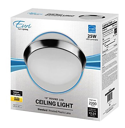 Euri 15" Indoor Round LED Ceiling Light Fixture, Dimmable, 2,200 Lumens, 3000K, 25 Watts, Chrome/Frosted Plastic