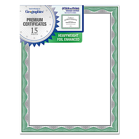 Geographics Heavyweight Foil Certificates, 8-1/2" x 11", Green With Silver Foil, Pack Of 15