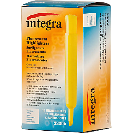 Integra Chisel Desk Liquid Highlighters - Chisel Marker Point Style - Yellow Water Based Ink - Yellow Barrel - 1 Dozen Integra Chisel Desk Liquid Highlighters - Chisel Marker Point Style - Yellow Water Based Ink - Yellow Barrel - 1 Dozen