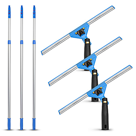 Gritt Commercial Swivel Window Squeegee And Telescopic Pole Window Washing Kit, 14" Squeegee/6' Pole, Multicolor, Pack Of 3 Kits
