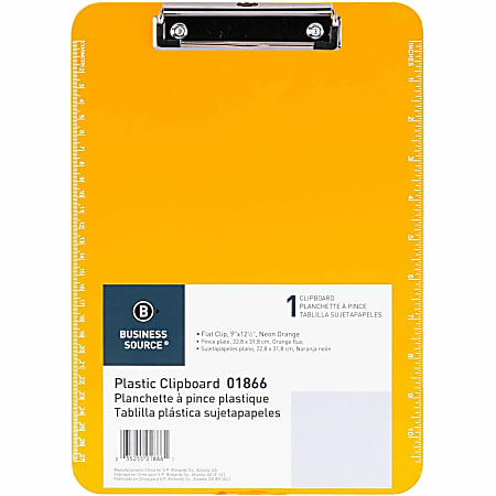 Sparco Plastic Clipboard With Flat Clip, 8 1/2" x 11", Neon Orange