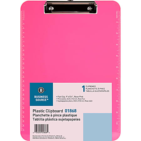 Sparco Plastic Clipboard With Flat Clip, 8 1/2" x 11", Neon Pink