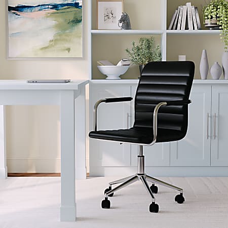 Martha Stewart Taytum Faux Leather Upholstered Mid-Back Executive Office Chair, Black/Polished Nickel