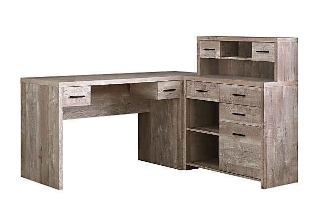 Monarch Specialties 63"W L-Shaped Corner Desk With Hutch, Taupe Woodgrain