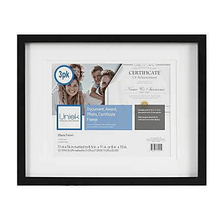 Uniek Gallery Photo/Document Picture Frames, 11” x 14" With Mat, Black, Set Of 3 Picture Frames