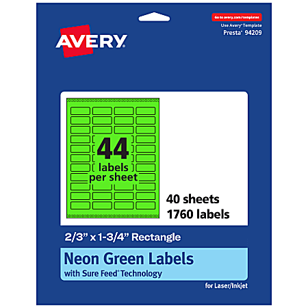 Avery® Print-To-The-Edge Labels With Sure Feed® Technology And Easy Peel®, 94209-NGP40, Rectangle, 2/3" x 1-3/4", Matte Neon Green, Pack of 1760