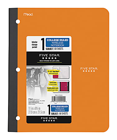 Five Star 11" 1-subject Wireless Notebook - 80 Sheets - Sewn - College Ruled - 3 Hole(s) - 9 1/8" x 11" - BlackPlastic Cover - Pocket, Perforated, Bleed Resistant, Easy Tear, Durable Cover - 1 Each