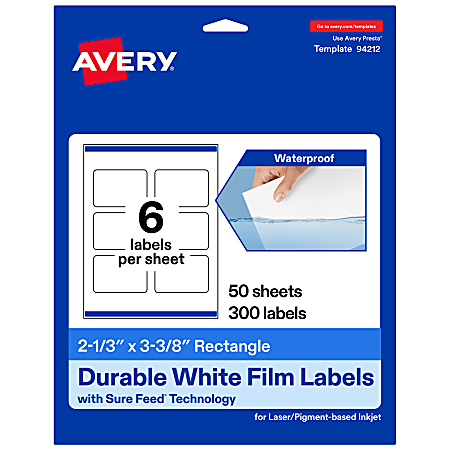 Avery® Waterproof Permanent Labels With Sure Feed®, 94212-WMF50, Rectangle, 2-1/3" x 3-3/8", White, Pack Of 300