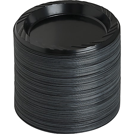 Genuine Joe Round Plastic Black Plates - 125 / Pack - Serving - Disposable - Black - Plastic Body - 1000 / Carton