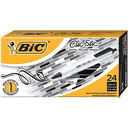 BIC® Clic Stic® Retractable Pens, Medium Point, 1.0 mm, White Barrel, Black Ink, Pack Of 24