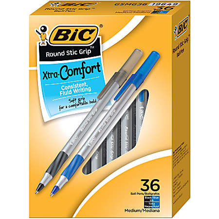 BIC® Round Stic® Grip Xtra-Comfort Ballpoint Pens, Medium Point, 1.2 mm, Assorted Barrels, Assorted Ink Colors, Box Of 36