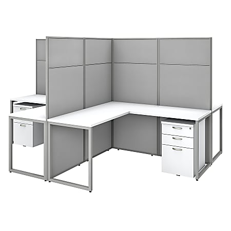Bush Business Furniture Easy Office 60"W 4-Person L-Shaped Cubicle Desk With Drawers And 66"H Panels, Pure White/Silver Gray, Premium Installation