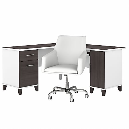 Bush® Furniture Somerset 60"W L-Shaped Desk With Mid-Back Leather Box Chair, Storm Gray/White, Standard Delivery