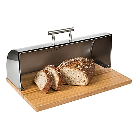 Honey Can Do Stainless Steel Breadbox With Bamboo Cutting Board, 6-1/2”H x 11-1/4”W x 15-3/8”D