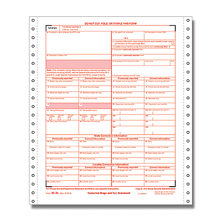 ComplyRight W-2C Continuous Tax Forms For 2016, 2-Part, 9 1/2" x 11", White, Pack Of 100 Forms