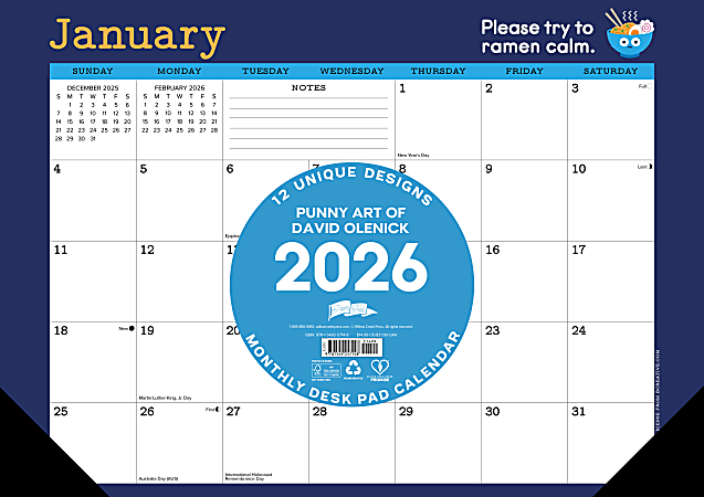 2026 Willow Creek Press Monthly Desk Pad Calendar, 12" x 17", Punny Art of David Olenick, January To December, 57148