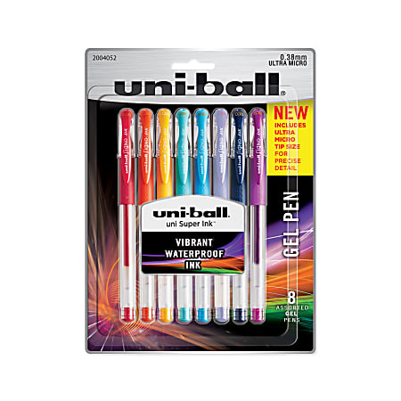 uni-ball® Gel Stick Pens, Fine Point, 0.38 mm, Assorted Barrel Colors, Assorted Ink Colors, Pack Of 8