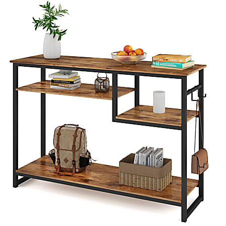 Bestier Console Table With 4-Tier Storage Shelves & 2 Hooks, 29-15/16"H x 39-3/8"W x 11-13/16"D, Rustic Brown