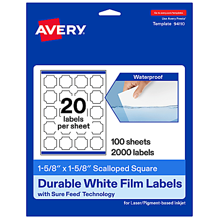 Avery® Waterproof Permanent Labels With Sure Feed®, 94110-WMF100, Square Scalloped, 1-5/8" x 1-5/8", White, Pack Of 2,000