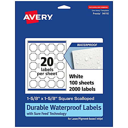 Avery® Waterproof Permanent Labels With Sure Feed®, 94110-WMF100, Square Scalloped, 1-5/8" x 1-5/8", White, Pack Of 2,000