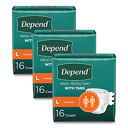 Depend® Incontinence Protection with Tabs, 35" to 49" Waist, 16/Pack, 3 Packs/Carton