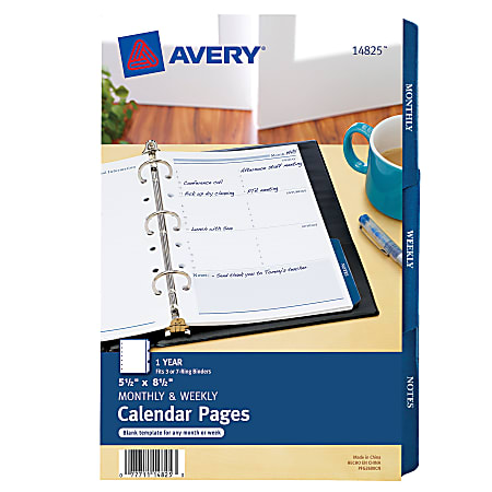 Avery Undated Calendar Paper Refill, 5-1/2"x8-1/2", 7-Hole Punched, White, 1 Set