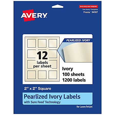 Avery® Pearlized Permanent Labels With Sure Feed®, 94107-PIP100, Square, 2" x 2", Ivory, Pack Of 1,200 Labels