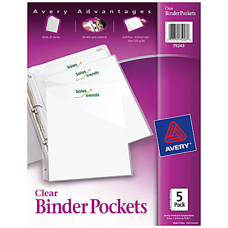 Avery® Binder Pockets For 3 Ring Binders, Clear, Pack Of 5 Binder Pockets