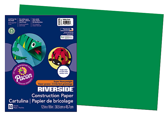 Riverside® Groundwood Construction Paper, 100% Recycled, 12" x 18", Holiday Green, Pack Of 50