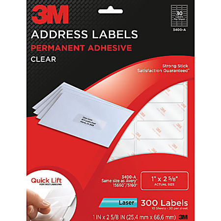 3M™ Clear Laser Address Labels, 1" x 2 5/8", Pack Of 300
