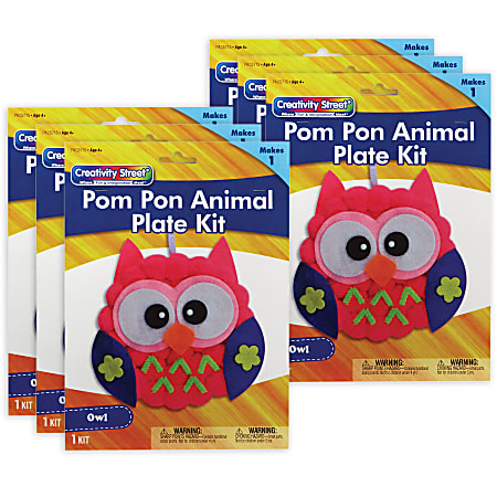 Creativity Street Pom Pom Animal Plate Kits, 7" x 8" x 1", Owl, Set Of 6 Kits