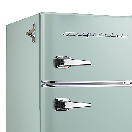Frigidaire 2 Door Retro 3.2 cu ft Compact Bar Fridge with Freezer and Side Bottle Opener Mint Office Depot