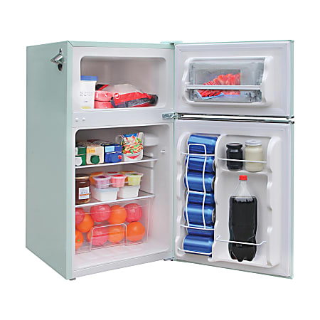 Frigidaire 2 Door Retro 3.2 cu ft Compact Bar Fridge with Freezer and Side Bottle Opener Mint Office Depot