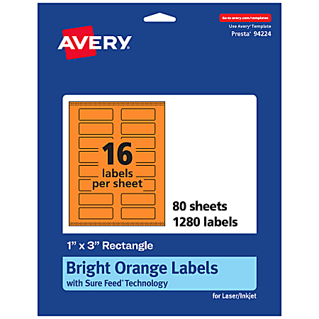 Avery® Print-To-The-Edge Labels With Sure Feed® Technology And Easy Peel®, 94224-BOP80, Rectangle, 1" x 3", Matte Bright Orange, Pack of 1280