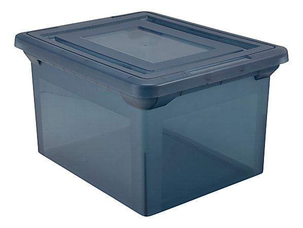 File Tote Storage Box with Lid , Letter, Plastic, Clear/Navy