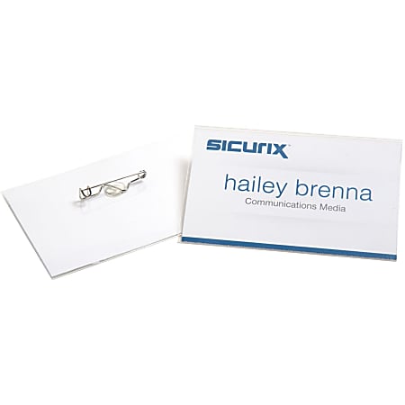 SICURIX Pin-Style Name Badge Kit - Support 3.50" x 2.25" Media - Horizontal - Vinyl, Plastic - 100 / Box - Clear