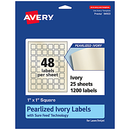 Avery® Pearlized Permanent Labels With Sure Feed®, 94103-PIP25, Square, 1" x 1", Ivory, Pack Of 1,200 Labels