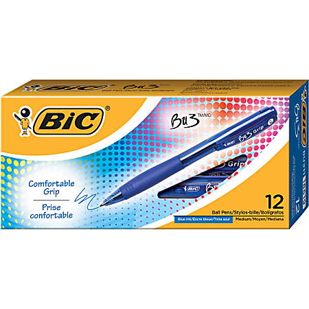 BIC BU3 Grip Retractable Ballpoint Pens, Medium Point, 1.0 mm, Clear Barrel, Blue Ink, Pack Of 12