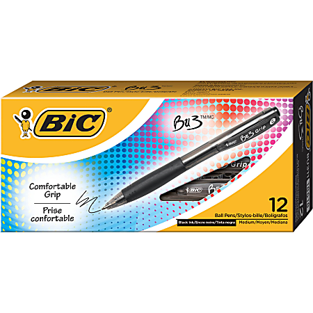 BIC BU3 Grip Retractable Ballpoint Pens, Medium Point, 1.0 mm, Clear Barrel, Black Ink, Pack Of 12