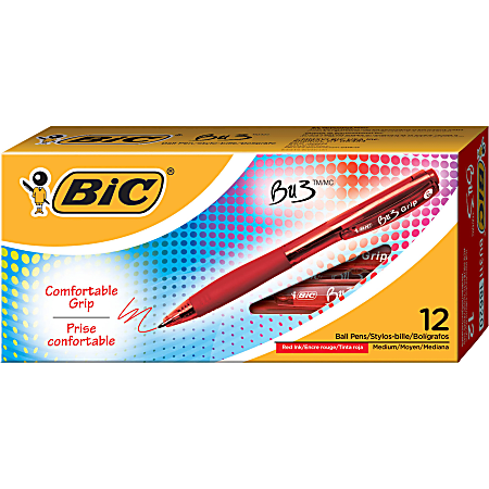 BIC BU3 Grip Retractable Ballpoint Pens, Medium Point, 1.0 mm, Clear Barrel, Red Ink, Pack Of 12