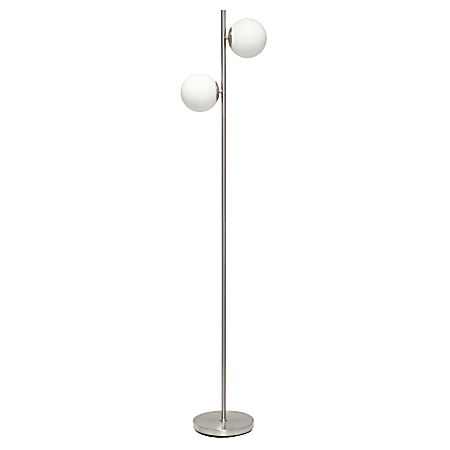 Simple Designs Tree Floor Lamp With Dual White Glass Globe Shades, 66"H, White Shades/Brushed Nickel Base